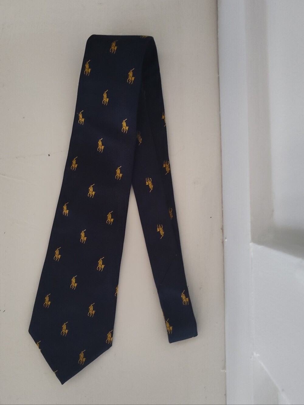 Polo By Ralph Lauren Men's Navy Blue Old Money Tie with Gold Pony Motif
